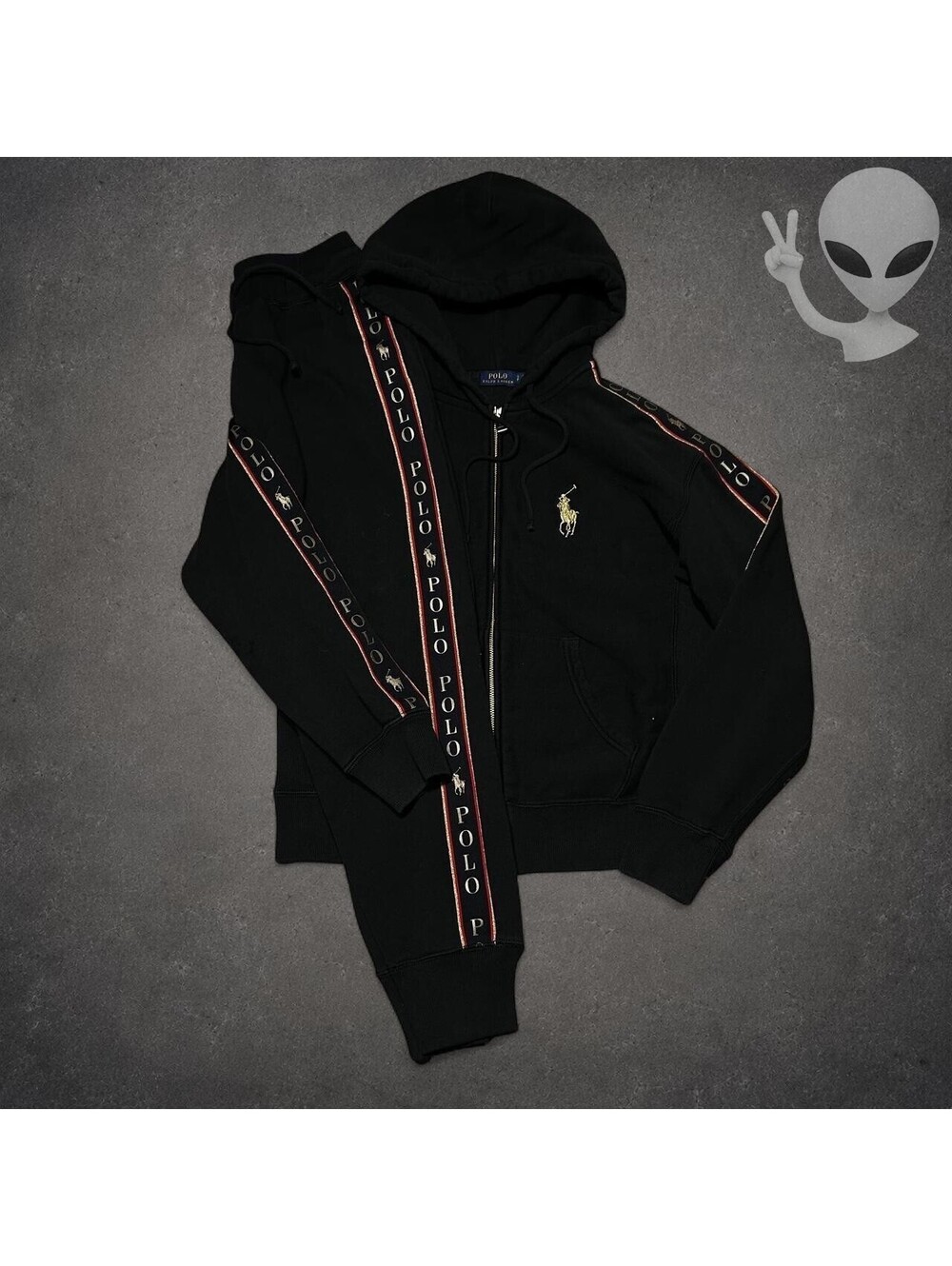 Polo Ralph Lauren Logo Tape Full-Zip Hoodie & Joggers Tracksuit Set Black S